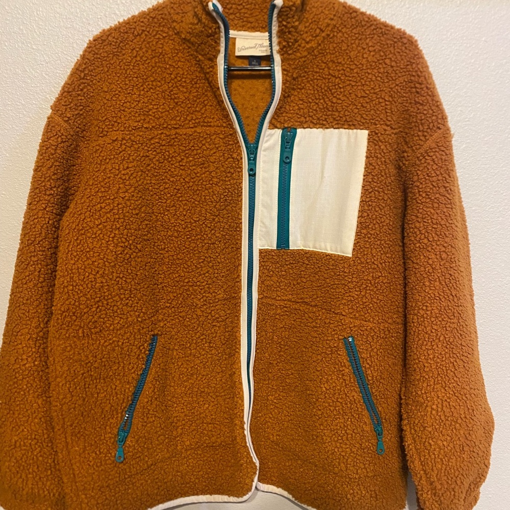 Universal Thread Men's Tan Fleece Jacket with Teal and Cream Accents